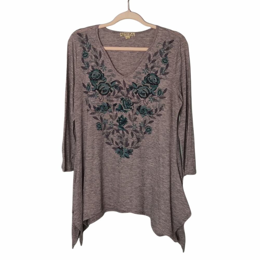 ENERGE WORLD WEAR Womens L Gray Tunic Top V-Neck 3/4 Sleeve Floral Print Stretch